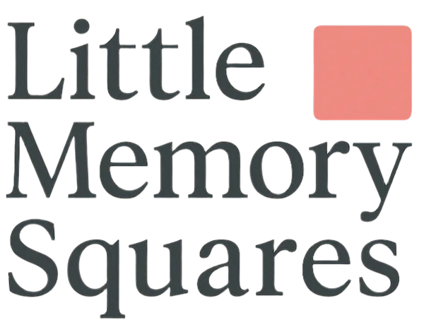 Logo for 'Little Memory Squares' with a red square icon on a beige background
