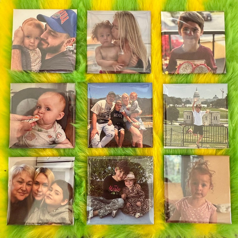 Close-up of hand holding a custom square photo magnet showing high-quality glossy print