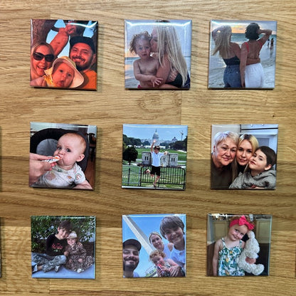 Set of 9 custom square photo magnets on wooden background – personalized family photo gift
